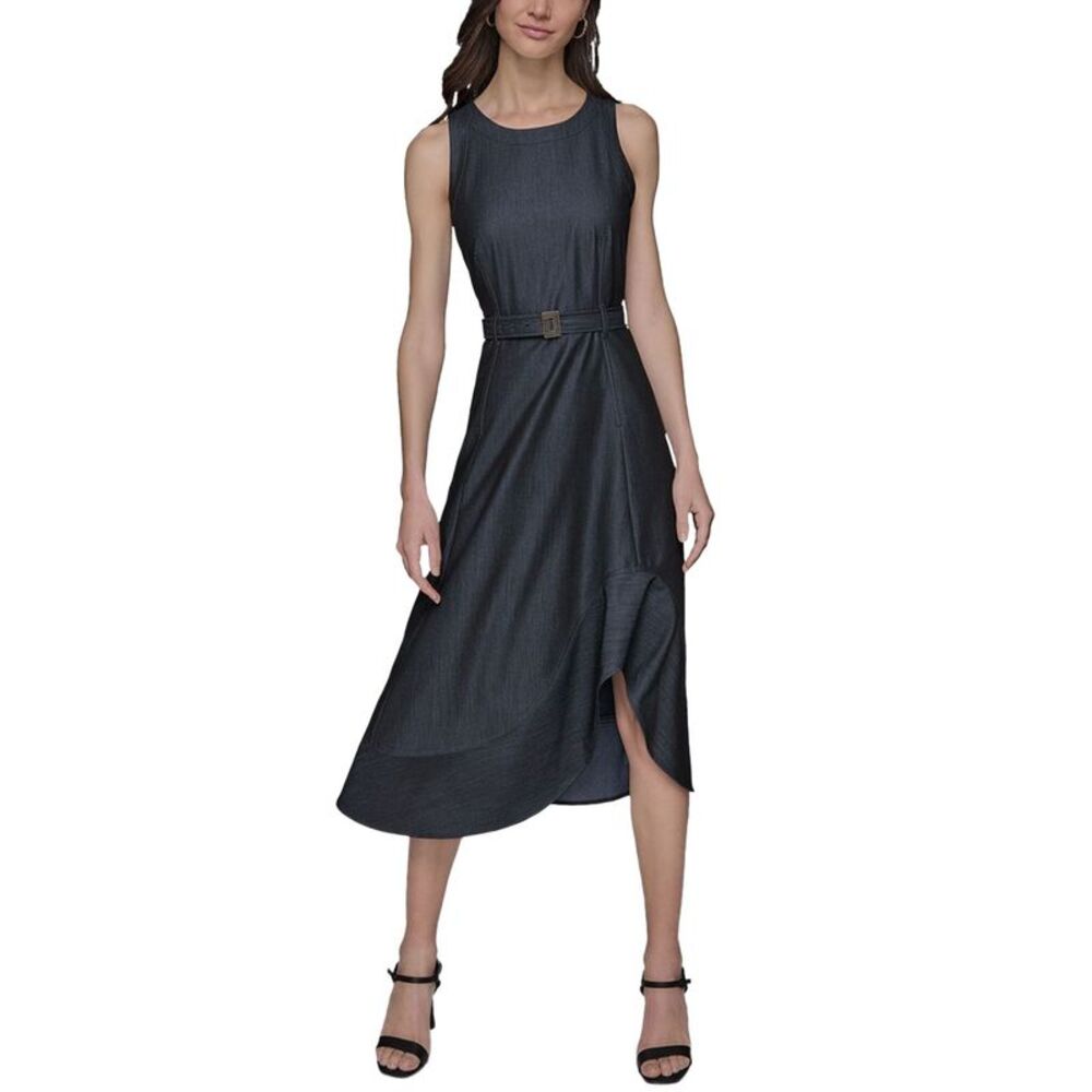 Karl Lagerfeld Paris Womens Jewel-neck Belted Sleeveless Dress 6 Indigo - NWT